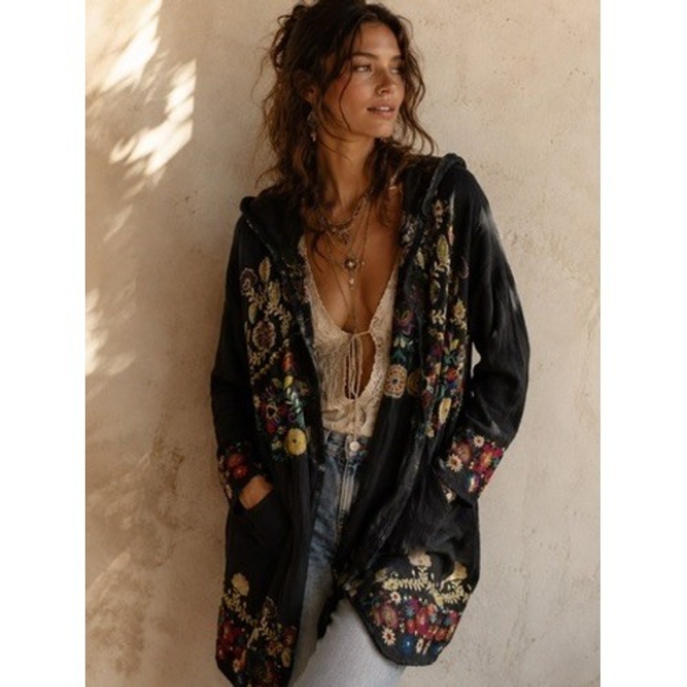 Biya Johnny Was Black Floral Embroidered Hooded Cotton Cardigan Jacket Large